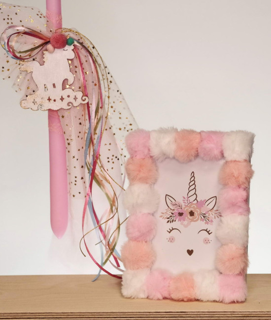 Set of Easter candle and photo frame unicorn