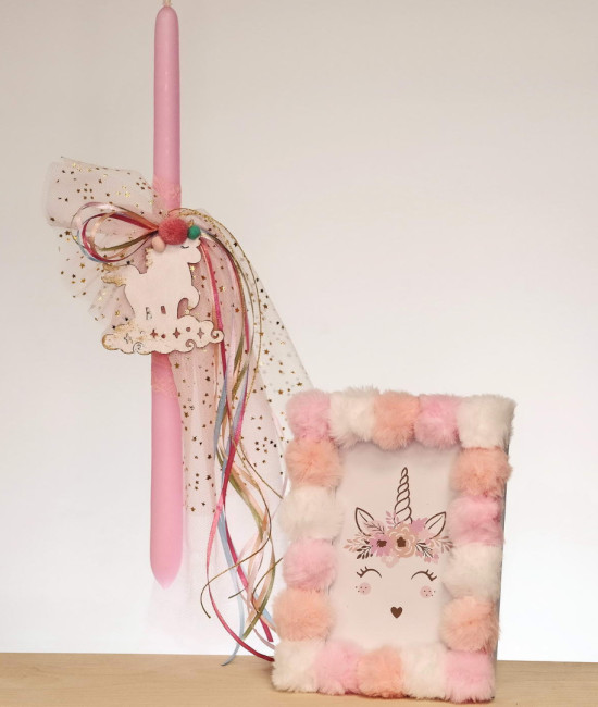 Set of Easter candle and photo frame unicorn
