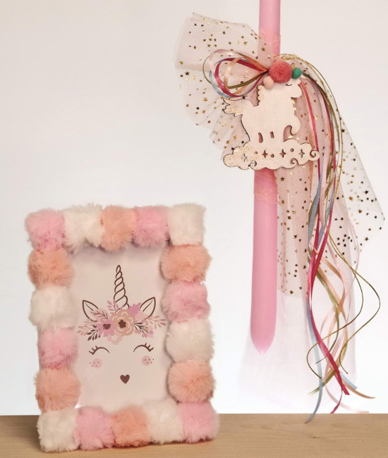 Set of Easter candle and photo frame unicorn