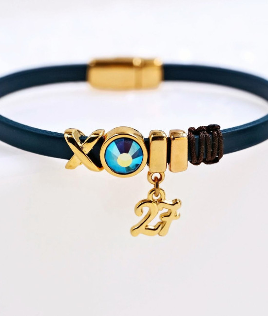 Δερμάτινο Βραχιόλι Γούρι με Κρύσταλλο Swarovski - Prussian blue