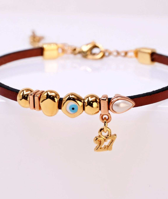 Lucky Pebble Leather Bracelet 2027 | Evil Eye & Pearl with Crystal