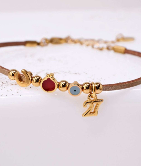 Leather Lucky Charm Bracelet 2027 with Pomegranate, Evil Eye & Horseshoe