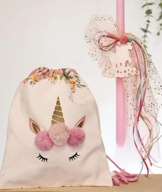 Set of Easter candle and backpack unicorn
